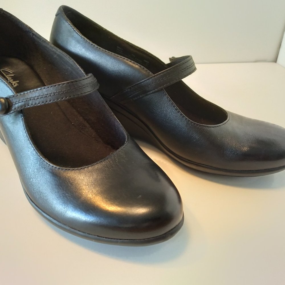 Black Clarks MaryJane 2 inch wedge, size 7M
